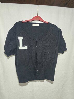 Belle Pogue Black Knit Cardigan Sweater Short Sleeve Letter L Patch Size L